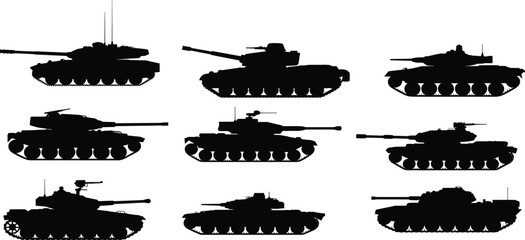 Tank silhouette icons, military vehicle set, armored design, war machine, turret profile, combat, weapon, army, defense, grid layout, black vector, side view, battlefield, warfare, illustration, © Hey There