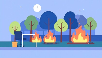 Desk in a field with fires, trees, a trash can, and a clock in the sky, rendered in a flat, graphic style