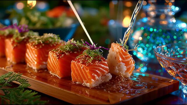 Sushi Preparation with Knife and Garnish.