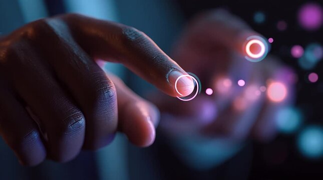 Close-up of hands interacting with product buttons enhanced by subtle glow effects, creating a sleek tech-ad aesthetic that highlights usability, precision and modern digital design.

