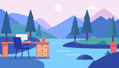 Fototapeta premium Desk near a river scene with mountains & trees in a vector graphic style, suggesting peaceful work/leisure