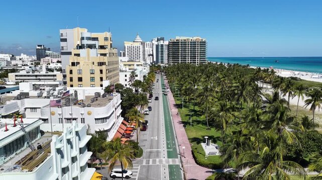 Ocean Drive In Miami Beach Florida United States. Aerial View Of Stunning Beach With Crystal Clear Waters. Business Sky Background Downtown Cityscape. Business Panoramic City. Miami Beach Florida.