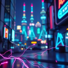 Fototapeta premium Schematic fragment pulses with electric light against a backdrop of blurred neon towers, hazy detail, glowing tech