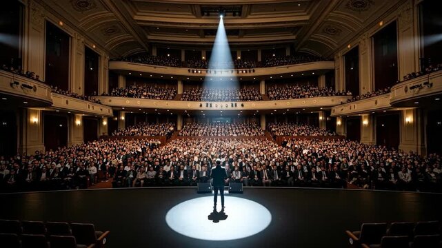 A solo performer stands under a spotlight in a grand theater, captivating a large audience with an engaging performance.
