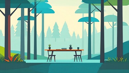 Desk sits amid tall, stylized trees in a light-filled scene with plants, books, and chairs