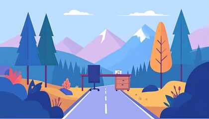 Desk on a road, leading through mountains, trees and shrubs, under a blue sky. Cartoon vector illustration
