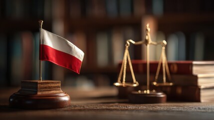 Polish flag and scales of justice on a wooden table in a library setting during the evening