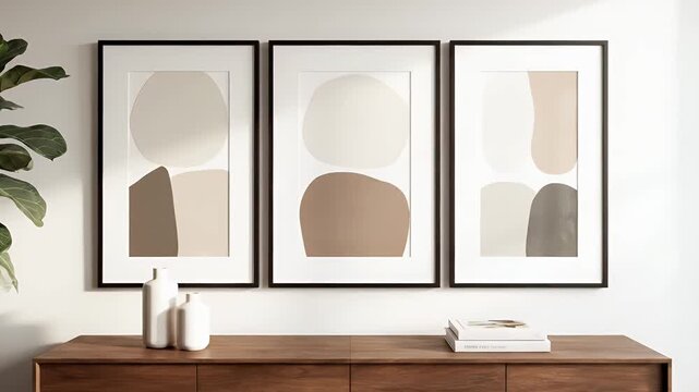 Modern Abstract Art Triptych Above Wooden Console Table.
