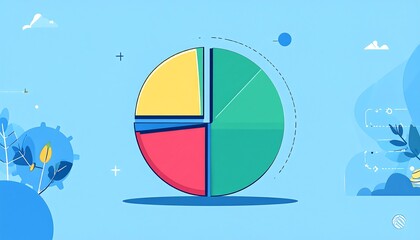 Colorful pie chart on a light blue background with abstract floral shapes and geometric designs in a flat design