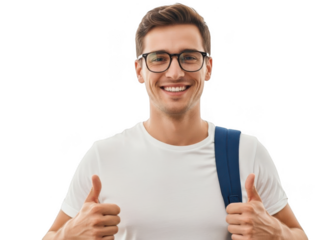 Young man wearing glasses and a white t shirt giving a thumbs up gesture with a backpack isolated on transparent background