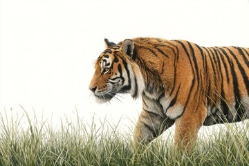 Obraz premium Majestic Tiger Walking Through Tall Green Grass in Natural Habitat.