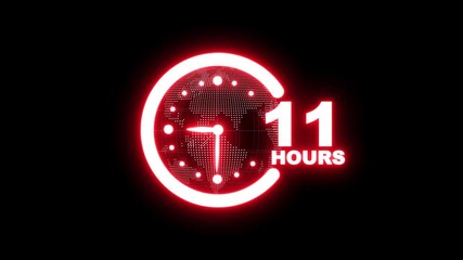 11 hours customer service concept. Nonstop service 11 hours, Worldwide nonstop and full-time available contact of service. Earth planet with glowing clock icon animation on black background. 4K video - Powered by Adobe