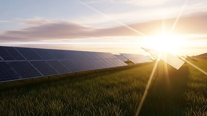 Solar Panels in a Grassy Field at Golden Hour Sunset