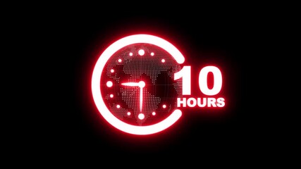 10 hours customer service concept. Nonstop service 10 hours, Worldwide nonstop and full-time available contact of service. Earth planet with glowing clock icon animation on black background. 4K video - Powered by Adobe