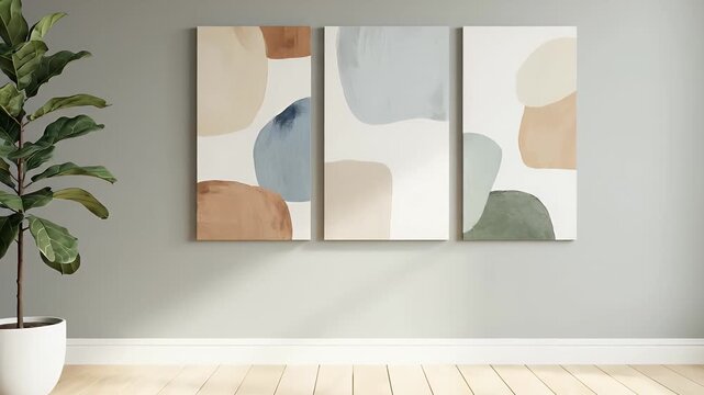 Modern Abstract Triptych Art Set on a Minimalist Wall with a Fiddle Leaf Fig Plant.