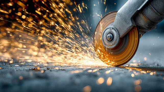 Metal grinder tool cutting or grinding a surface with sparks flying from rotating abrasive wheel in industrial workshop scene at close range - Powered by Adobe