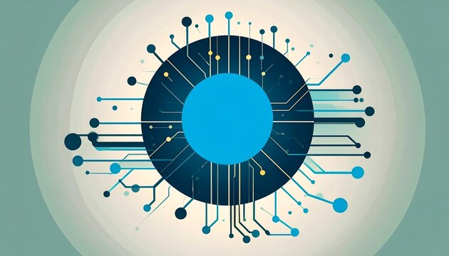 Circular design with blue central node and radiating lines on a light background, conveying connection and technology