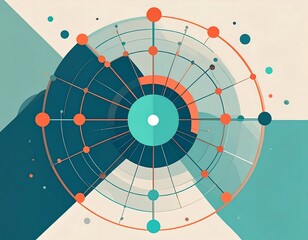 Circular network of lines and dots with color-blocked background in teal, orange, and beige hues