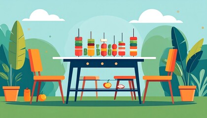 Colorful skewers of food on a table in a garden setting with chairs and plants
