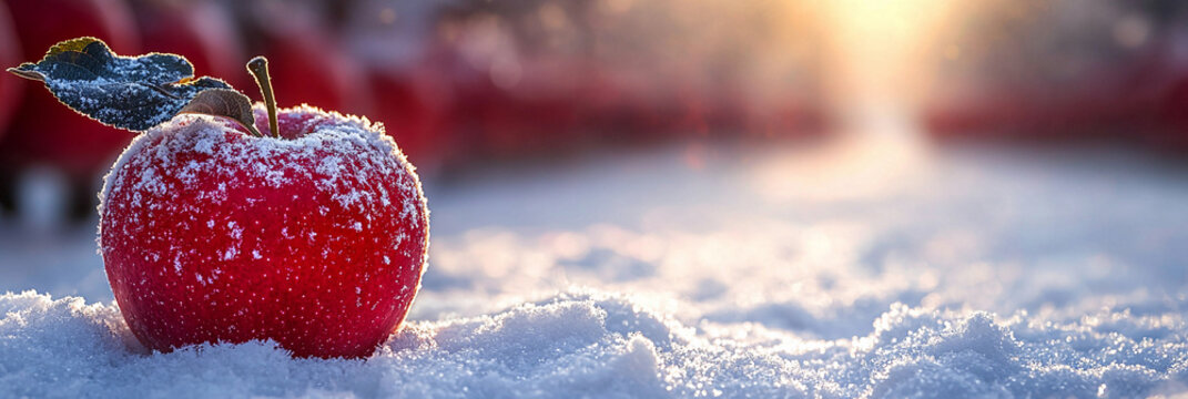 Red apple on snow in winter season with sunlight Generative AI