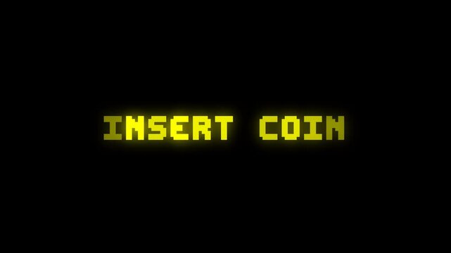 Insert Coin Text Animation with Yellow Glow Effect on Black Background, Retro Arcade Game Screen