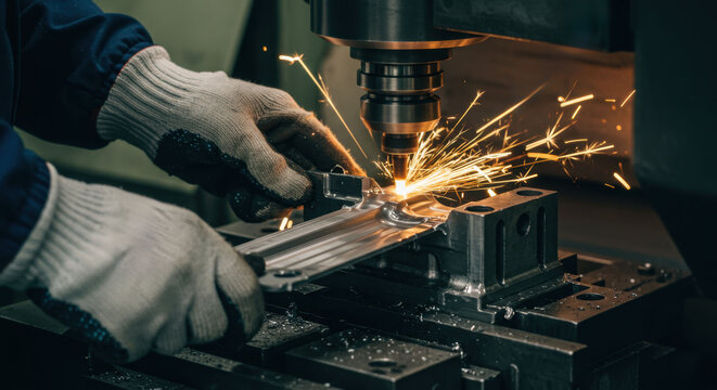 Worker operating a milling machine, fabricating metal component with sparks flying. Industrial manufacturing process, precision engineering concept.