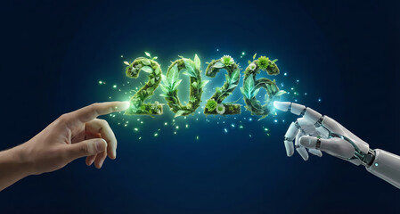 New year 2026 green eco technology concept: A robotic and human hand touching a floating green plant-made ‘2026’.
