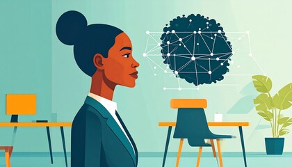 Elegant professional woman in office stands, pondering abstract, networked sphere. Soft greens and warm yellows dominate