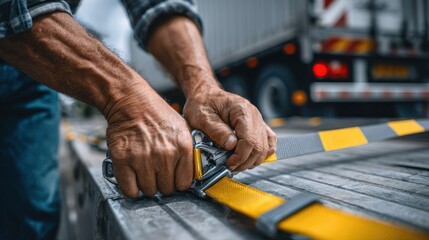 Close medium shot of hands fastening ratchet straps on freight highlighting securement technique with blurred transportation vehicle in the back.