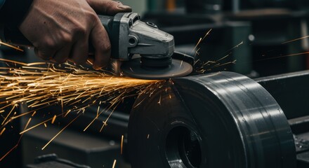 Man using angle grinder on metal detail in workshop, creating bright sparks. Industrial manufacturing or repair work concept.