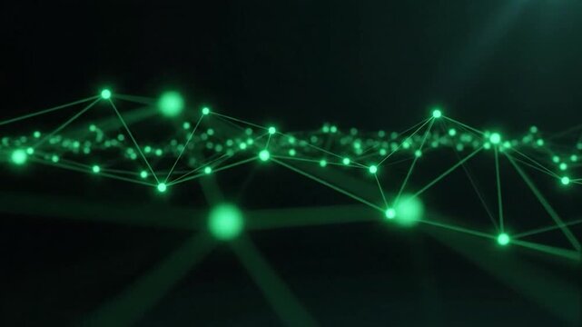 Glowing green dots connect via lines, forming an abstract digital network on a dark background