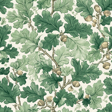 Vintage green oak leaves and acorns seamless pattern on light background botanical design