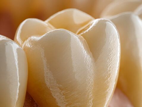 Highly detailed macro image of natural human molar teeth showing enamel texture and smooth surfaces in warm light background perfect for dental concepts