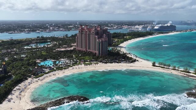 Bahamas Skyline In Paradise Island Nassau Bahamas. Futuristic Skyscraper Is Towering Over The Downtown City. Holiday Landscape Leisure Stunning. Holiday Coast. Paradise Island Nassau.