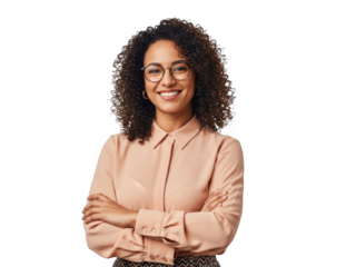 Smiling woman with glasses and curly hair wearing a light brown shirt with arms crossed isolated on transparent background