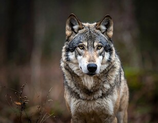 Fototapeta premium A close-up shot of a gray wolf in a forest, staring intently