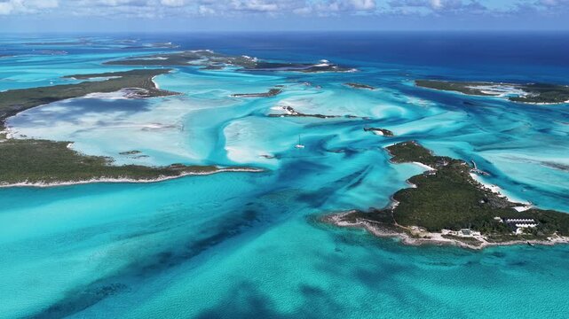 Exuma Skyline In Exuma Black Point Bahamas. Stunning Tropical Coastline Beach Scene Viewed From Above. Coast Sky Clouds Seaside Summertime. Outdoor Seaside Scenic Coastline. Exuma Black Point.