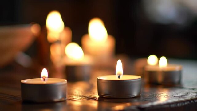 Lit candles on wood, warm glowing flames, blurred background creates peace. Ideal for backgrounds