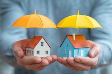 Individuals Safeguarding Model Homes with Umbrellas
