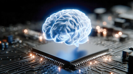 Obraz premium Futuristic digital visualization of an artificial intelligence brain hovering above a computer chip surrounded by glowing circuit board connections and technology co