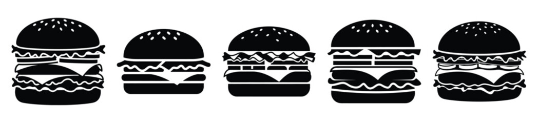 Fototapeta premium Collection of burger silhouette icon set. cooking vector icons illustration