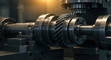 Fototapeta premium Close up of a shaft with a gear being machined on a heavy industrial machine. Metalworking manufacturing process. Precision engineering work.