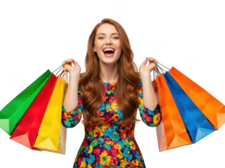 Excited young woman with long auburn hair holding many colorful shopping bags isolated on transparent background