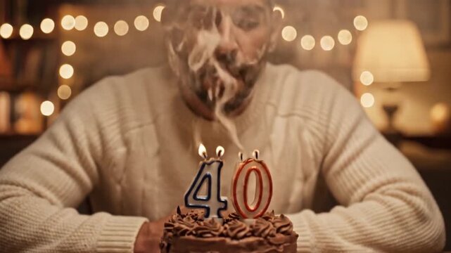 Man blowing out candles on his 40th birthday cake.