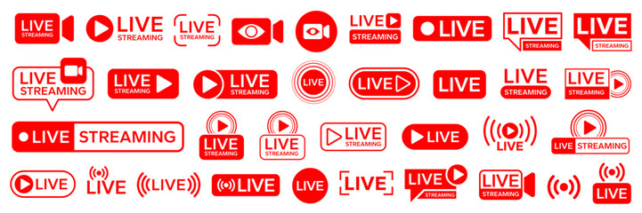 Live streaming icon set button, banner, label, sticker, stamp. Live broadcasting buttons and symbols. Video online stream icons. Live stream logo. Watch live stream. Social media. Vector illustration.