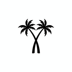 A minimalist black and white graphic illustration of two palm trees crossing each other.