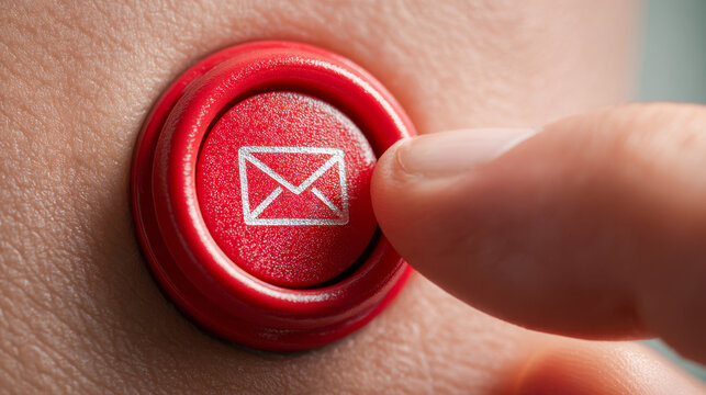 Finger pressing a red button with a white envelope icon symbolizing sending or receiving email on textured surface background in digital communication concept - Powered by Adobe