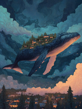 Surreal Illustration of Giant Whale with Village on Back Floating in Starry Night Sky