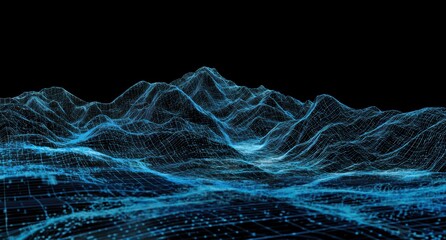 abstract wireframe landscape of blue mountains on a black background