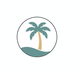 Obraz premium A stylized illustration of a palm tree on a sandy dune within a circular frame.